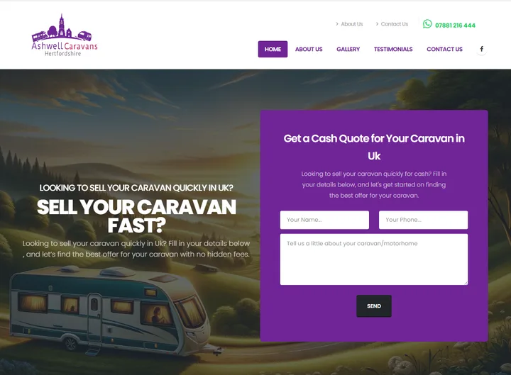 Ashwell Caravans Hertfordshire website screenshot built by Web Spinner UK