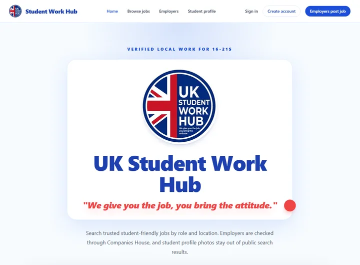 UK Student Work Hub website screenshot built by Web Spinner UK